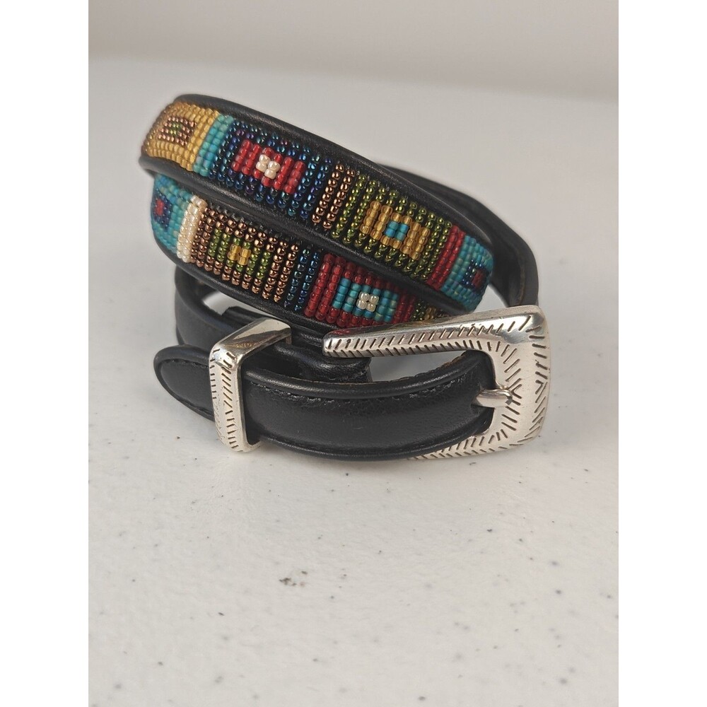 Vintage Brighton Southwest Beaded Black Leather Skinny Belt Women's 28/Small
